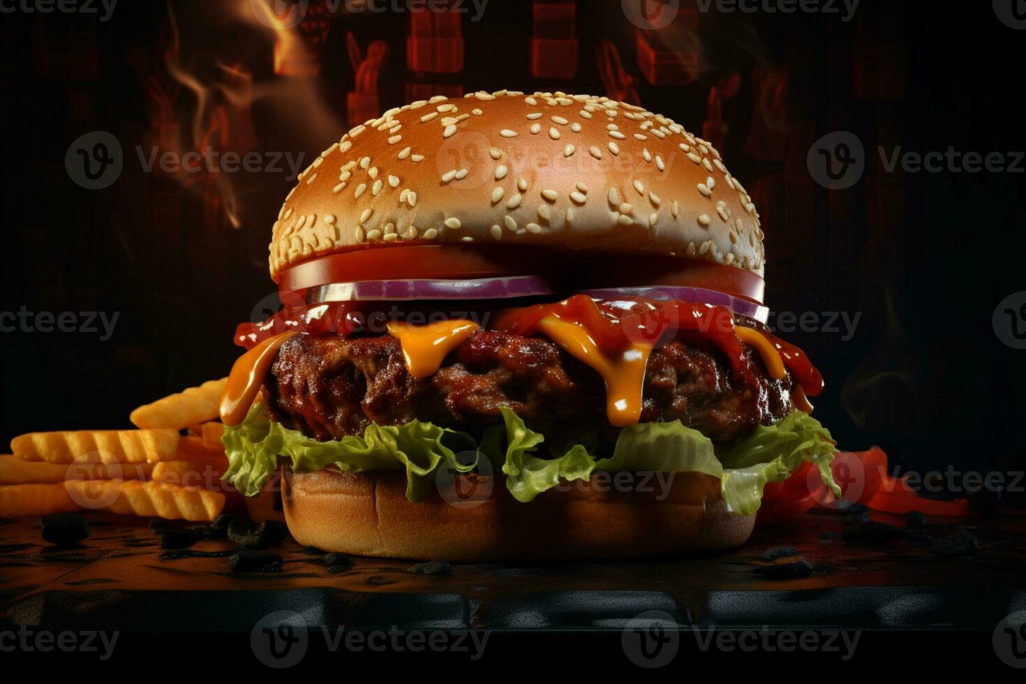 Double hamburger isolated on Black background ai generative photo