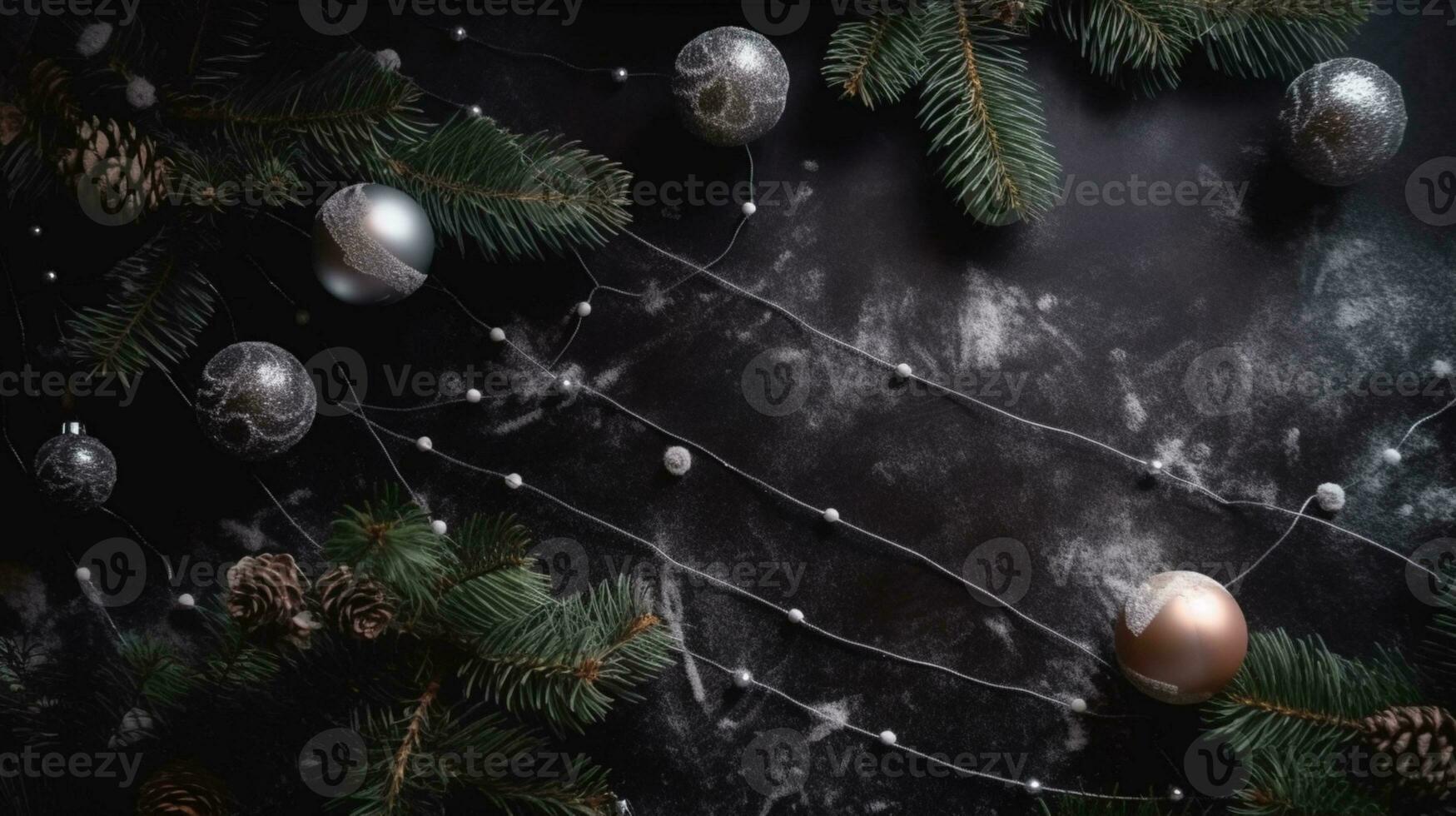 Christmas ornaments with gift boxes , fir and copy space AI Generative photo