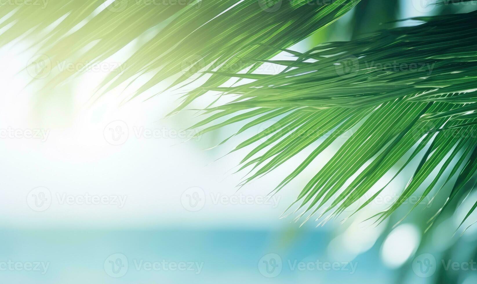 Close-up of palm leaf with blurred tropical beach. Created with AI photo