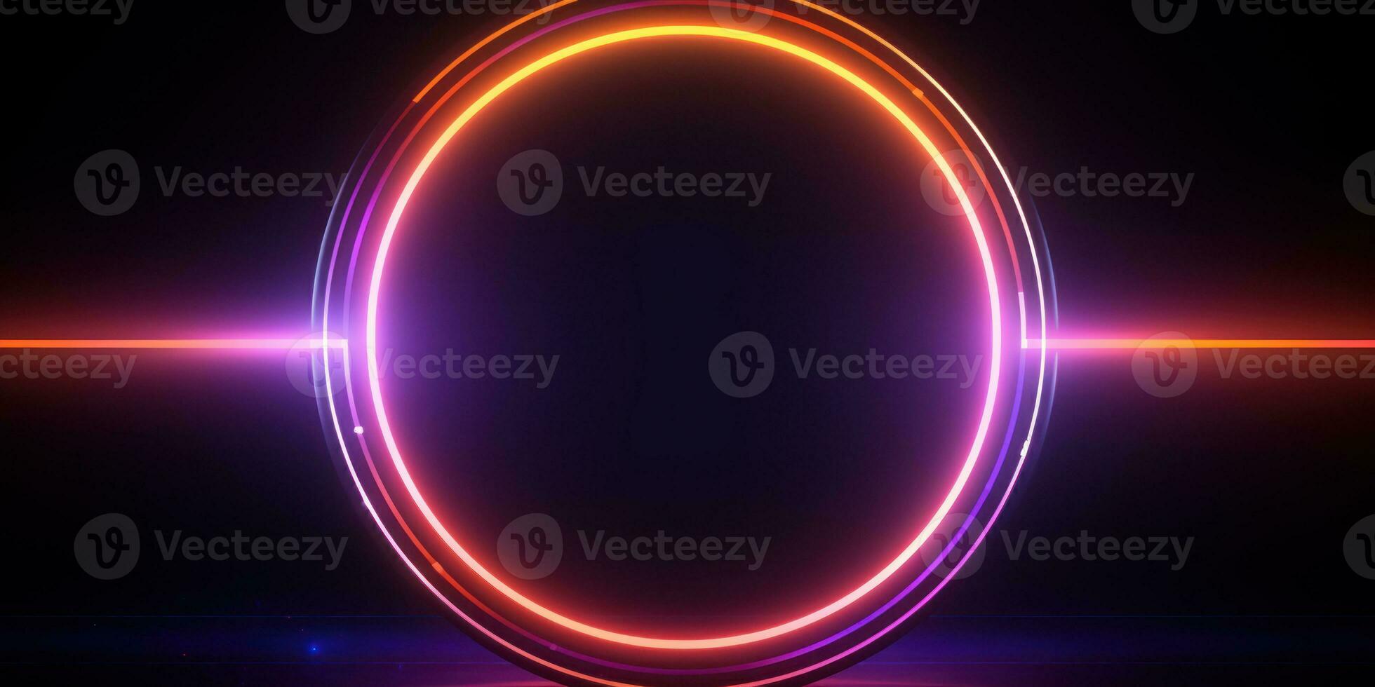 Neon futuristic flashes circles on black background. Created with AI photo