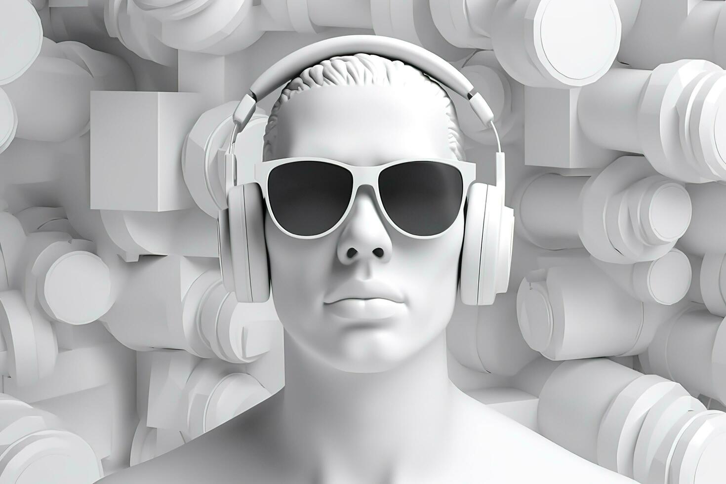 mínimo escena de Gafas de sol y auriculares en humano cabeza escultura, música concepto, 3d representación. ai generativo foto