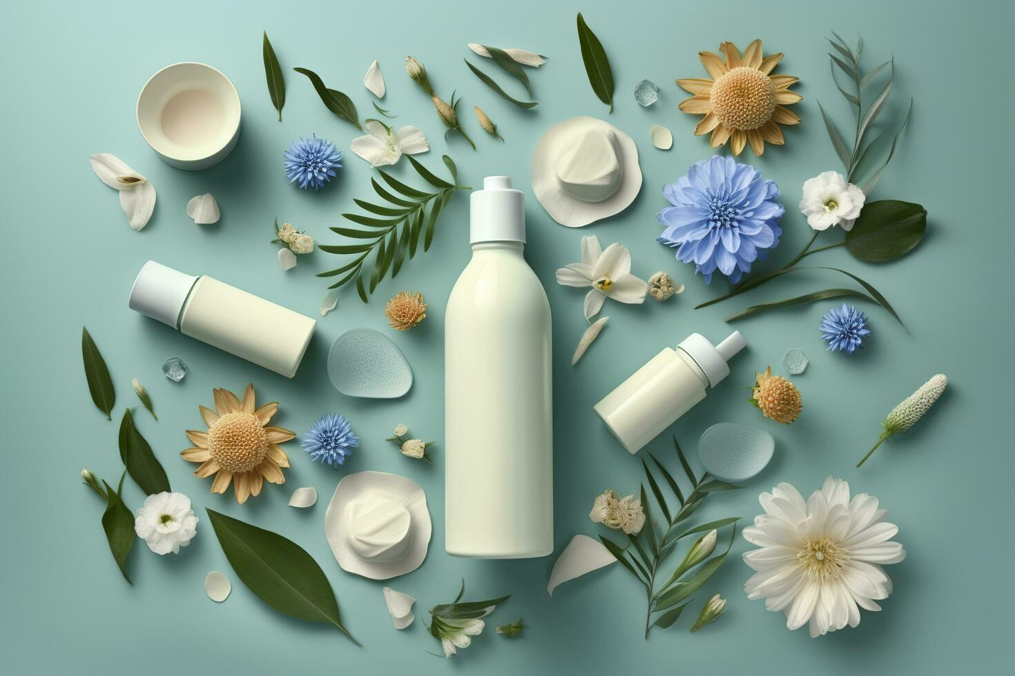 Fresh floral skincare concept. Top view flat lay of pump bottle, pipette, cream bottles, and tubes with flowers on pastel blue background with an empty circle for text or branding. AI Generative photo