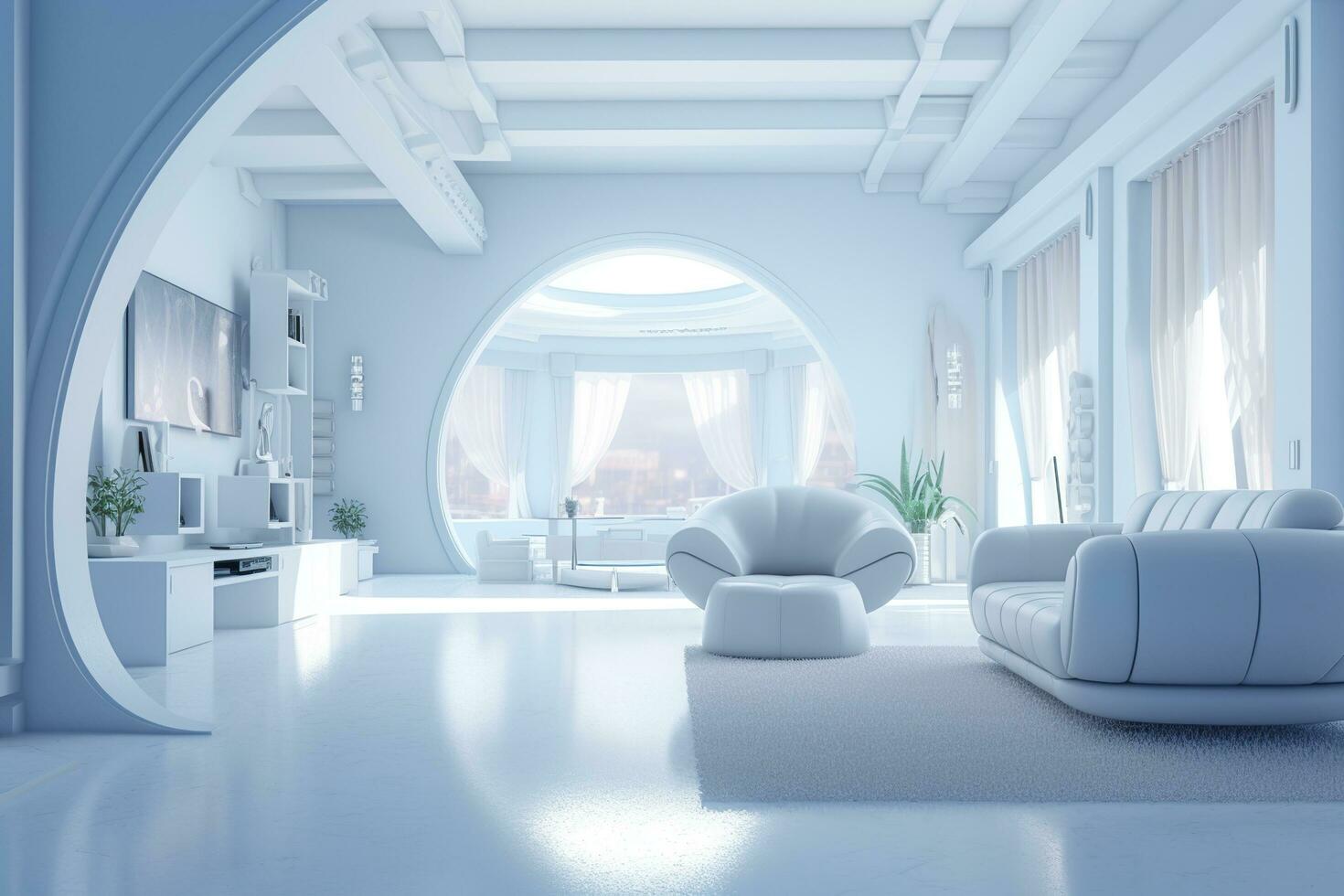 A professional and eye catching light blue with white living room in the metaverse.  AI Generative photo