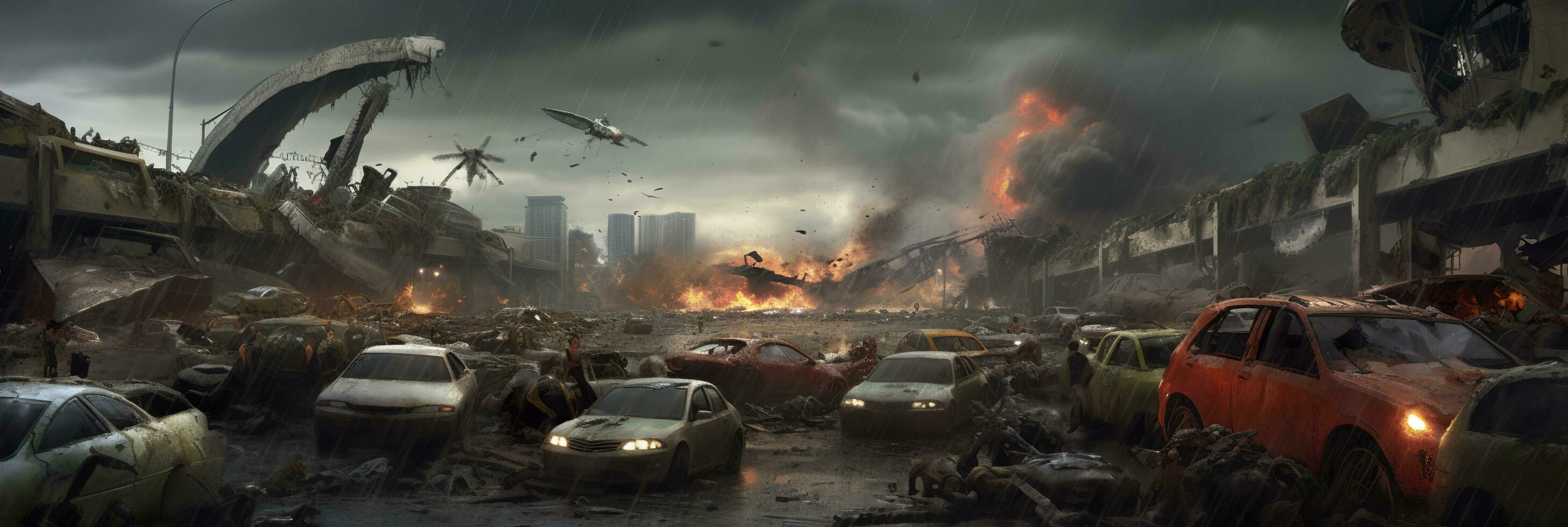 cars World collapse, doomsday scene, digital painting, digital illustration. AI Generative photo