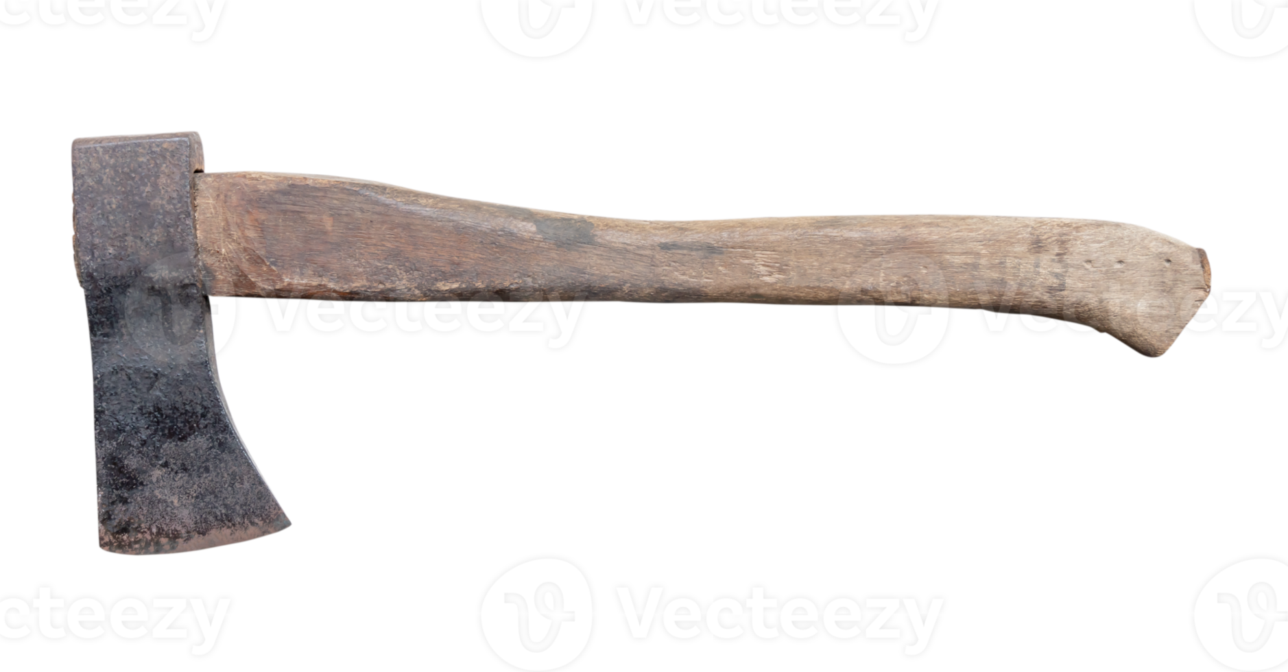Old rust dirty dark gray axe with brown wooden handle isolated with clipping path in png file format