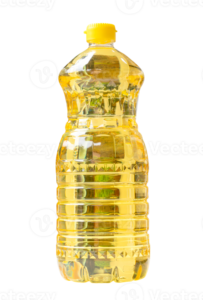 Yellow cooking soybean oil in medium transparent plastic bottle isolated with clipping path in png file format