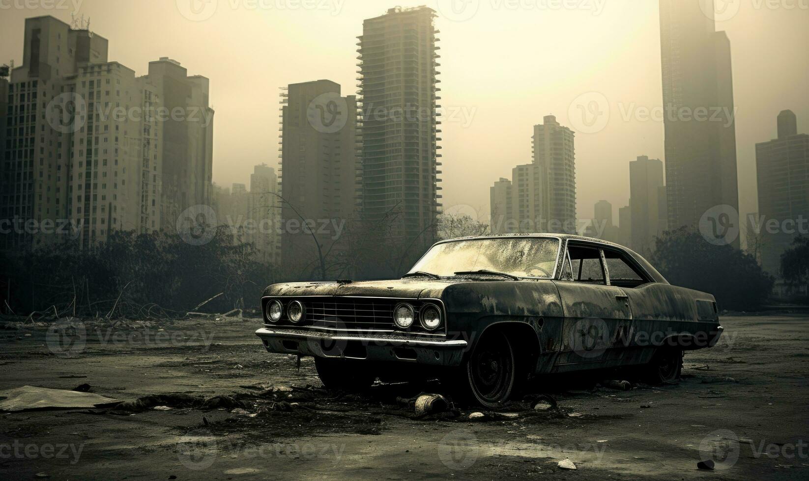 Burnt-out police car in an a city street backdrop. AI generative. photo