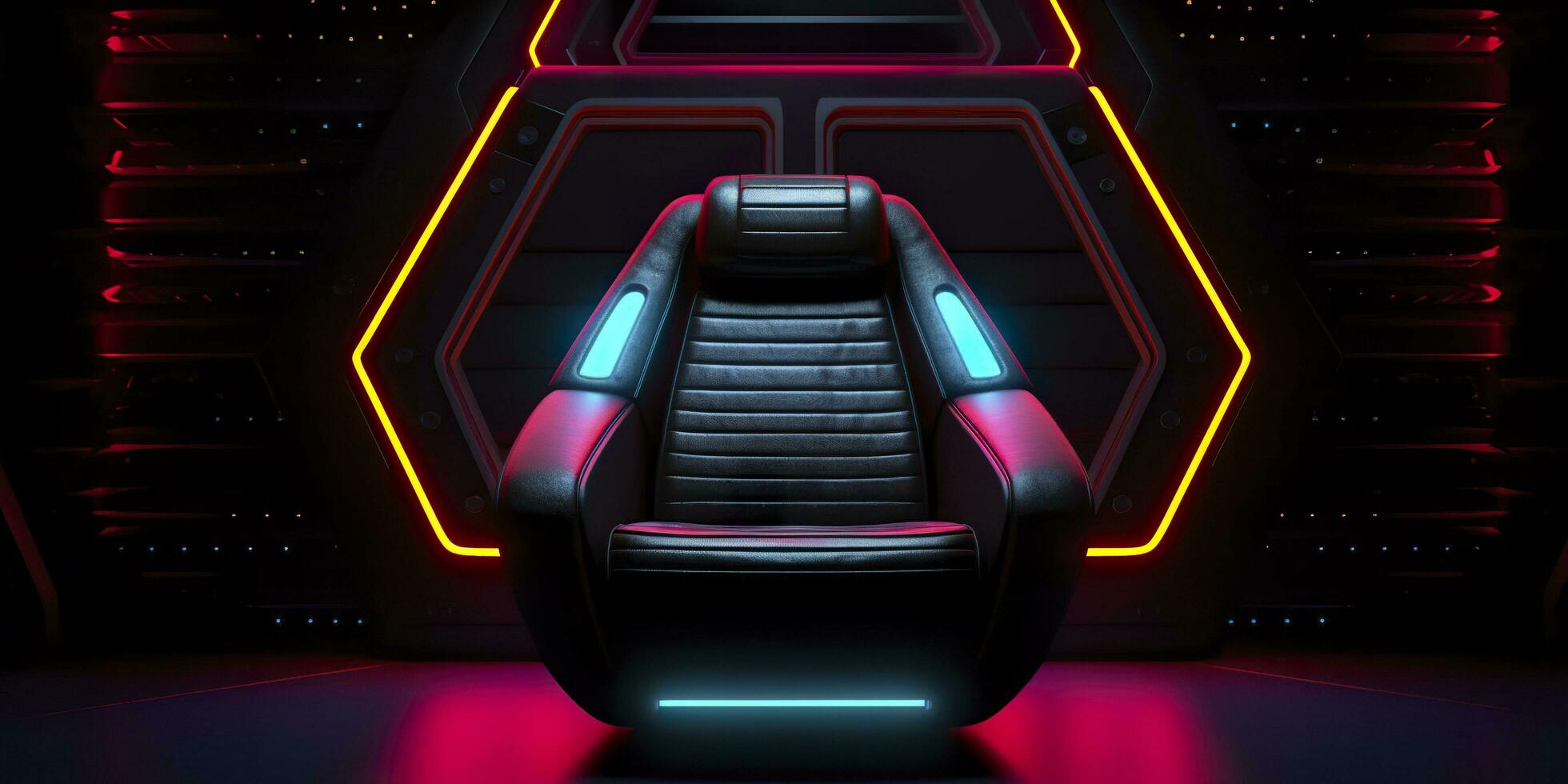 80s Inspired Captain Chair from Star Trek with Neon Lights and Cockpit Interior Background. AI Generative photo