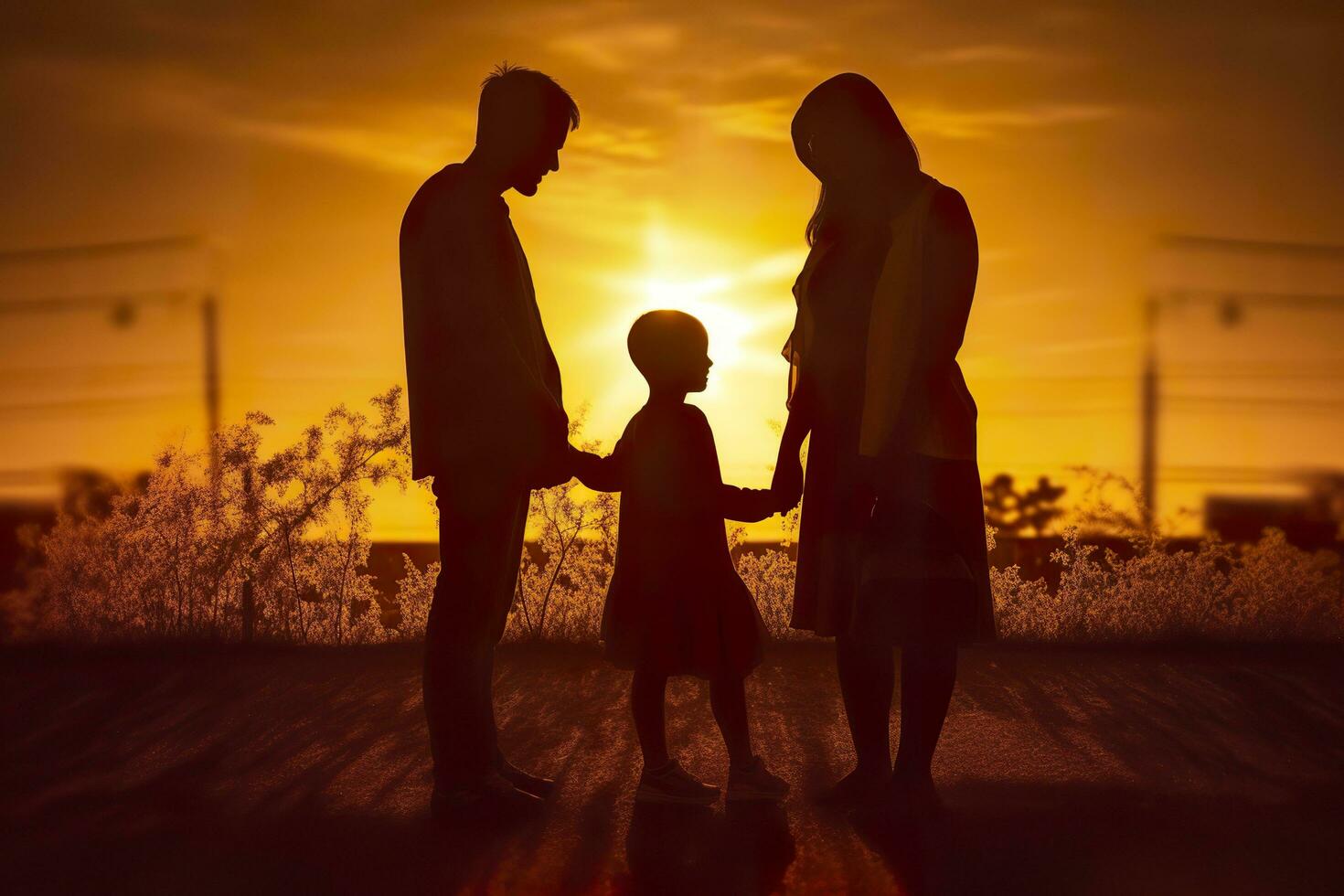 sombra de contento familia juntos, padres con su pequeño bebé a puesta de sol. un silueta de amor y unidad. ai generativo foto