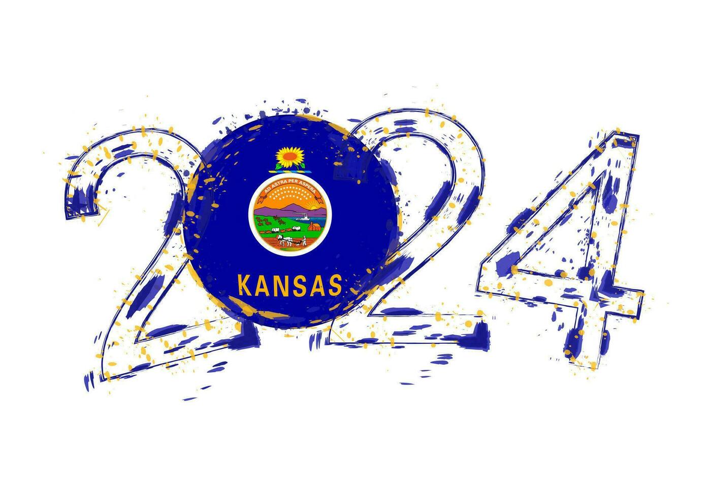 2024 Year in grunge style with flag of Kansas. vector