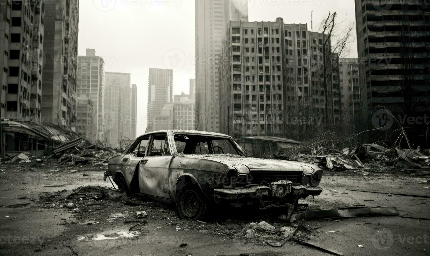 Burnt-out police car in an a city street backdrop. Created with AI photo