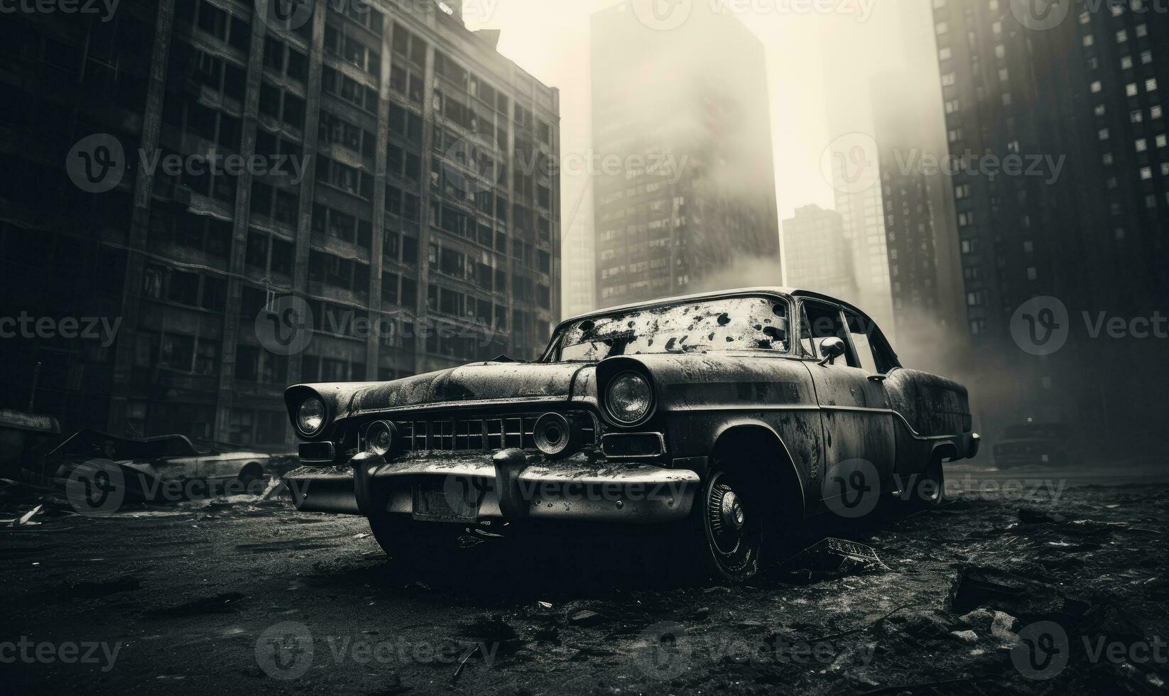 Burnt-out police car in an a city street backdrop. Created with AI photo