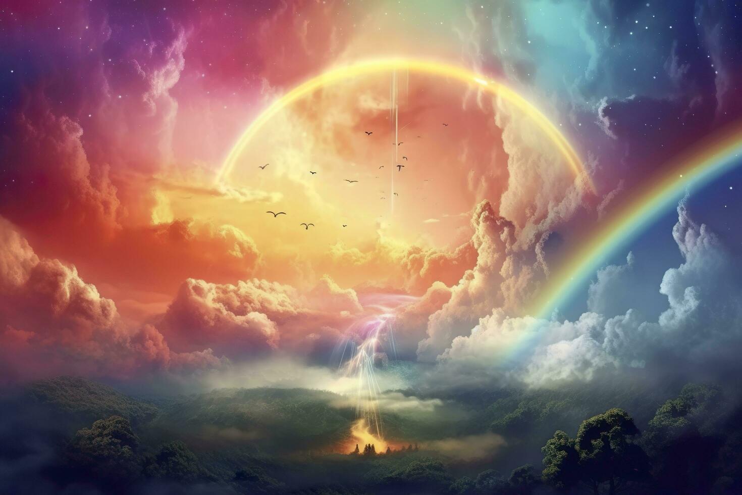 Fantasy sky rainbow. Fairy skies rainbows colors, magic landscape and dream sky background illustration, AI Generative photo