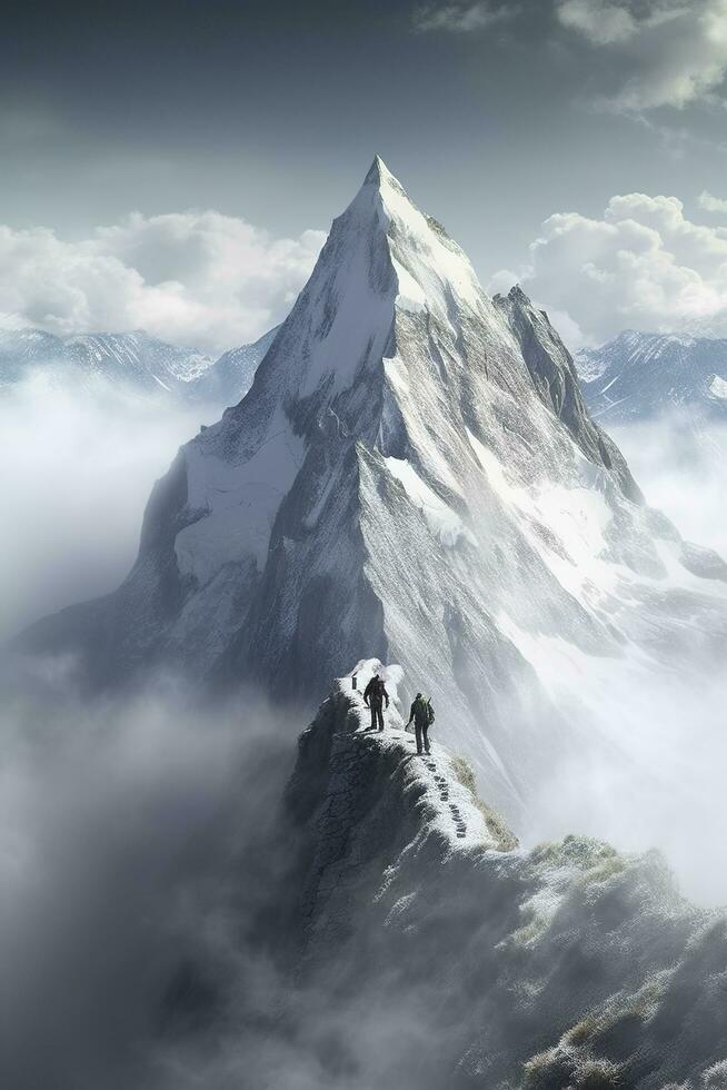 Man on top of mountain, walking through clouds, AI Generative photo