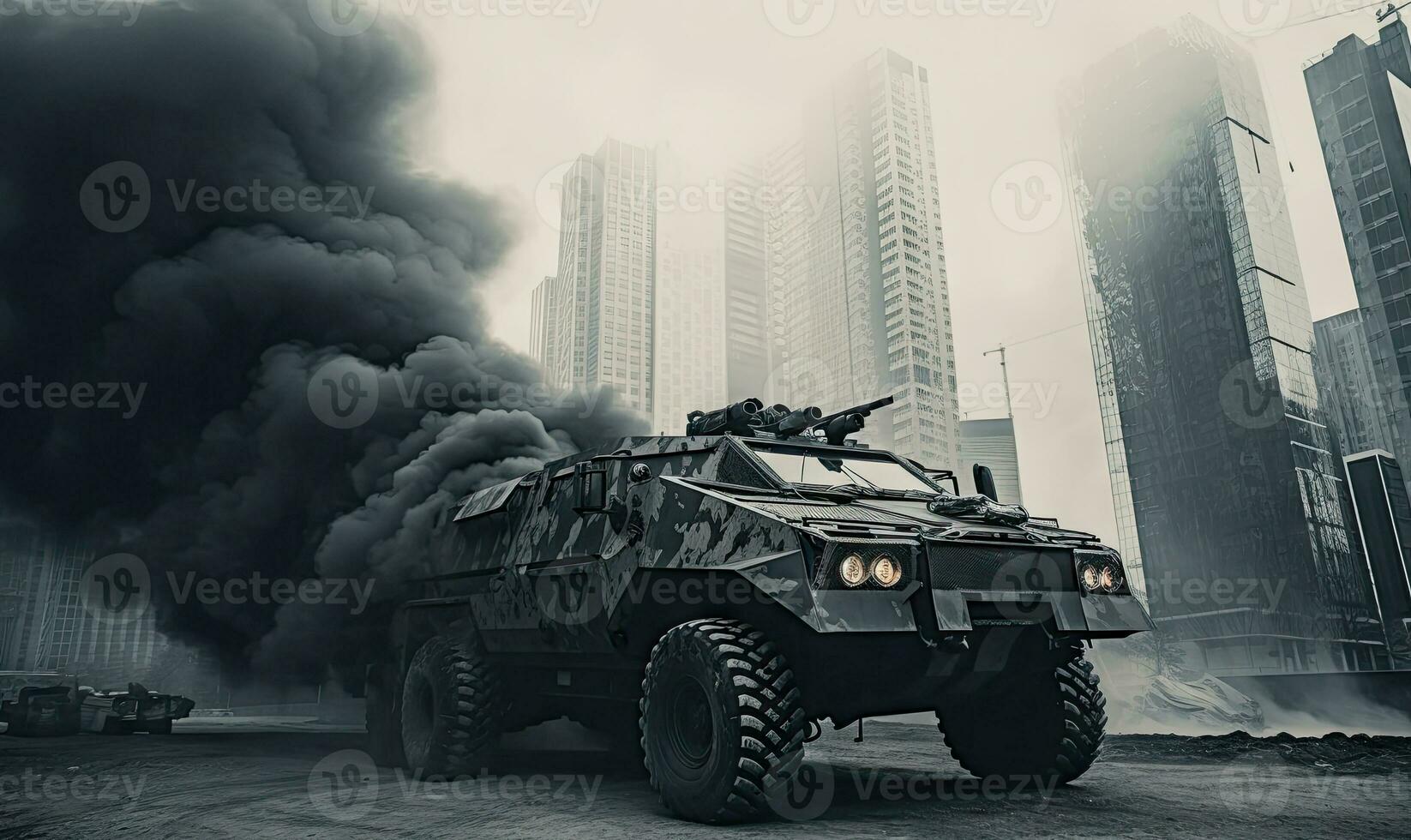 Armored military vehicle in city. Intense battlefield scene. Created AI tools photo