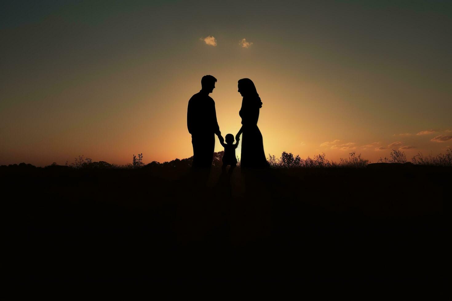 Shadow of Happy family together, parents with their little baby at sunset. A Silhouette of Love and Unity. AI Generative photo