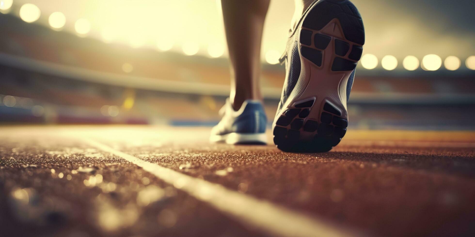 Runner feet running on a stadium, closeup on feet, sports background, space for copy, AI Generative photo