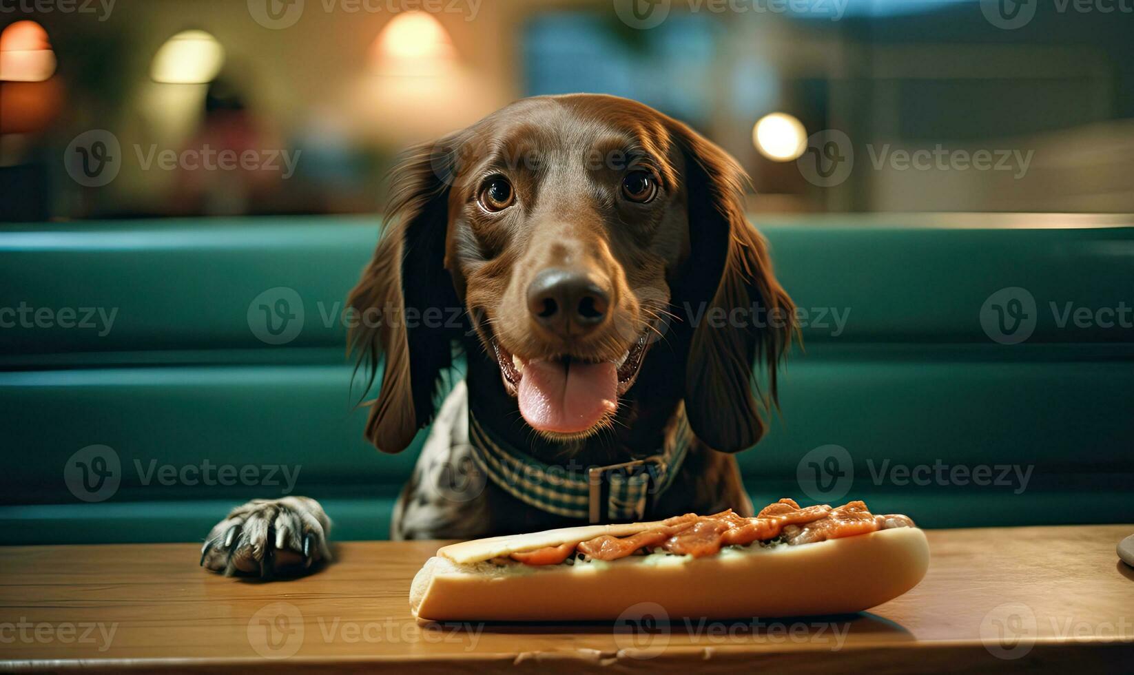 Dog about to indulge in a hot dog treat. Created with AI photo