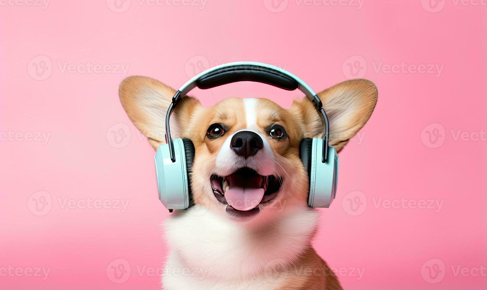 Playful corgi immersed in music. Created with AI photo