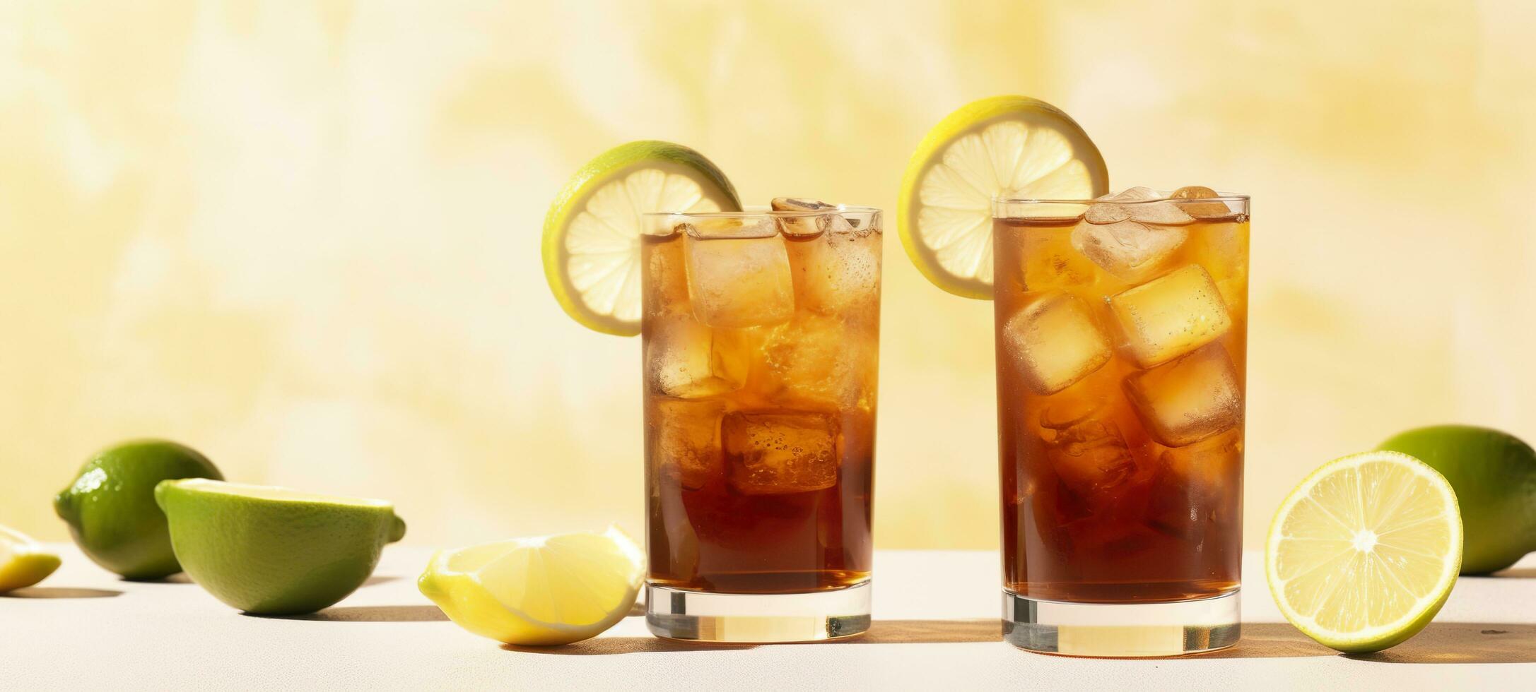 Glasses of tasty Long Island iced tea on light background. AI Generative photo