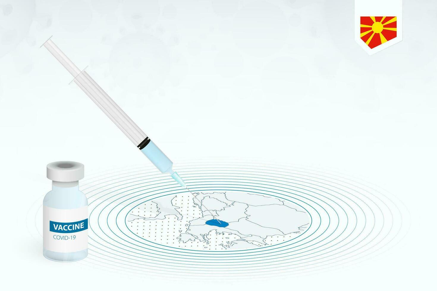 covid-19 vacunación en macedonia, coronavirus vacunación ilustración con vacuna botella y jeringuilla inyección en mapa de macedonia. vector