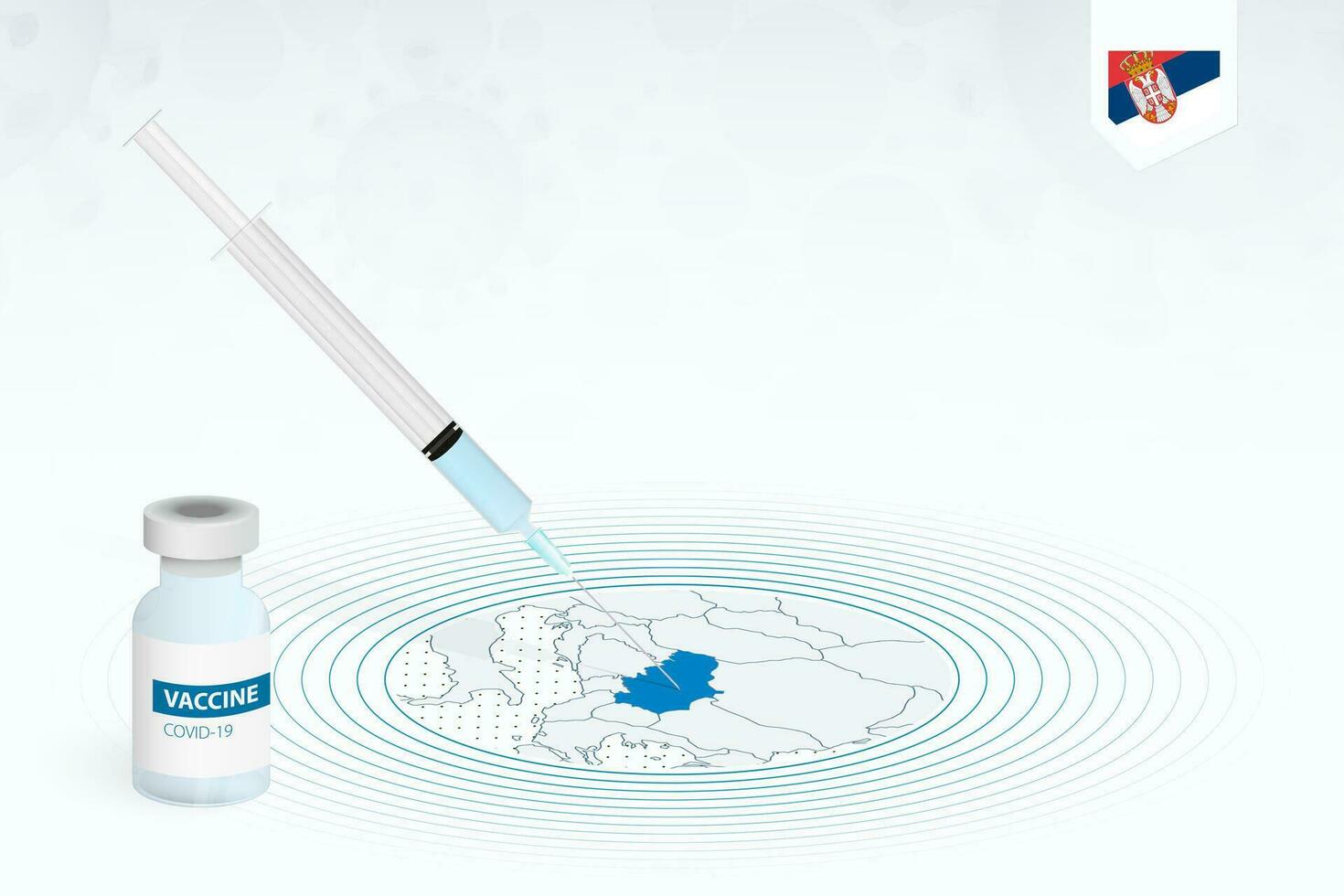 COVID-19 vaccination in Serbia, coronavirus vaccination illustration with vaccine bottle and syringe injection in map of Serbia. vector