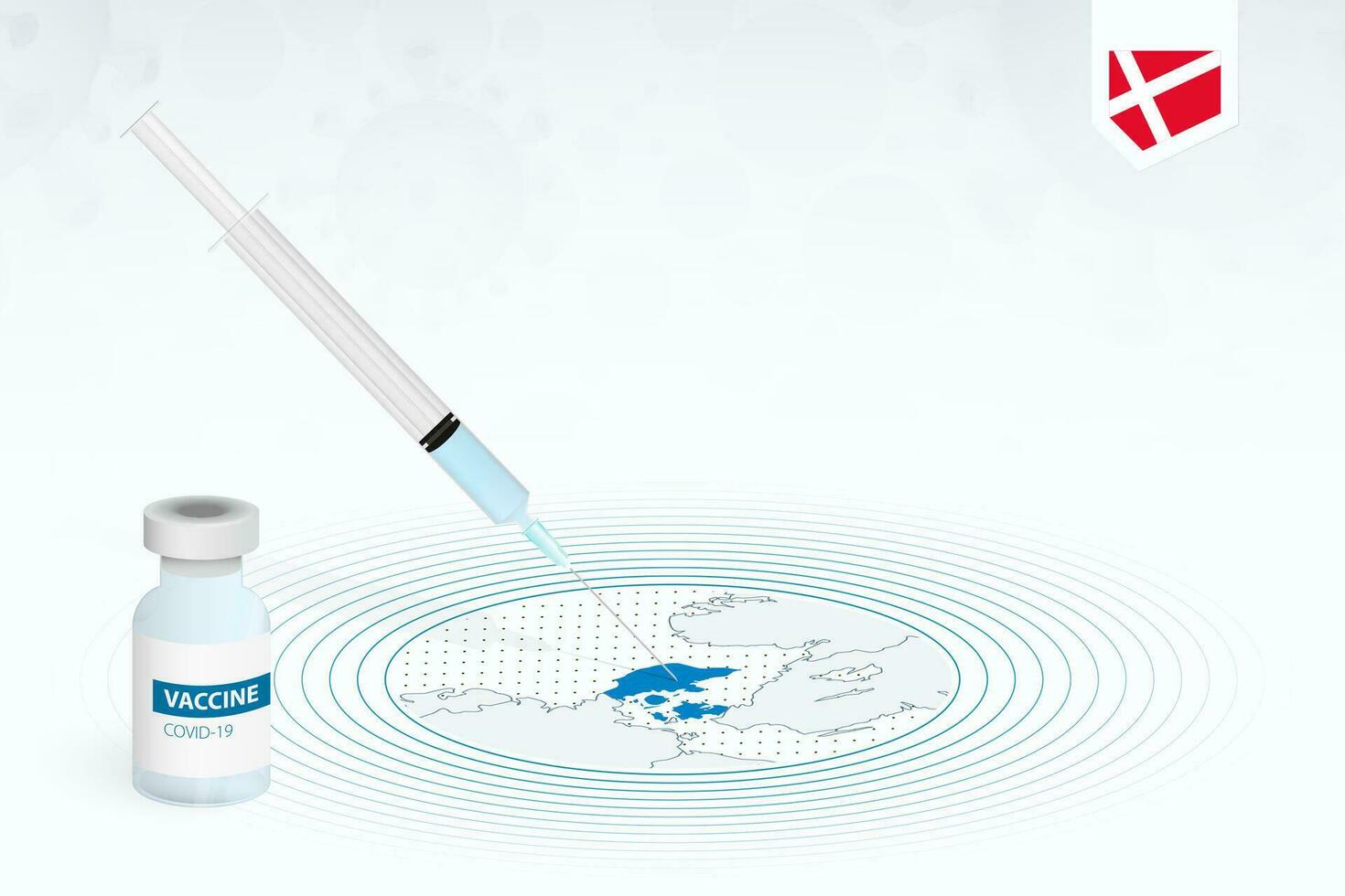 COVID-19 vaccination in Denmark, coronavirus vaccination illustration with vaccine bottle and syringe injection in map of Denmark. vector