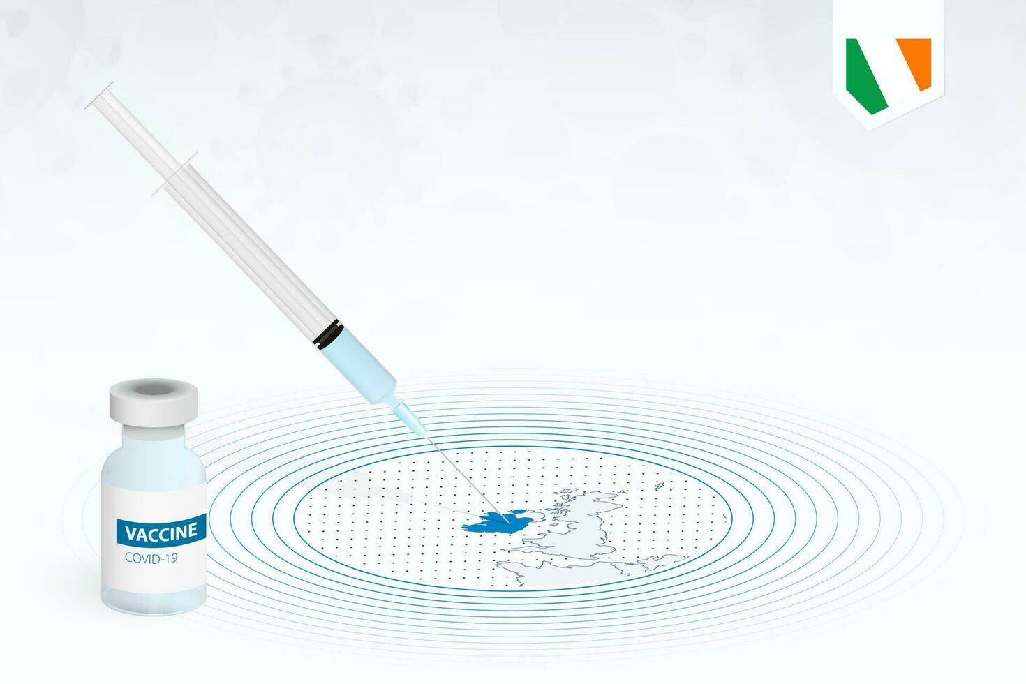 COVID-19 vaccination in Ireland, coronavirus vaccination illustration with vaccine bottle and syringe injection in map of Ireland. vector