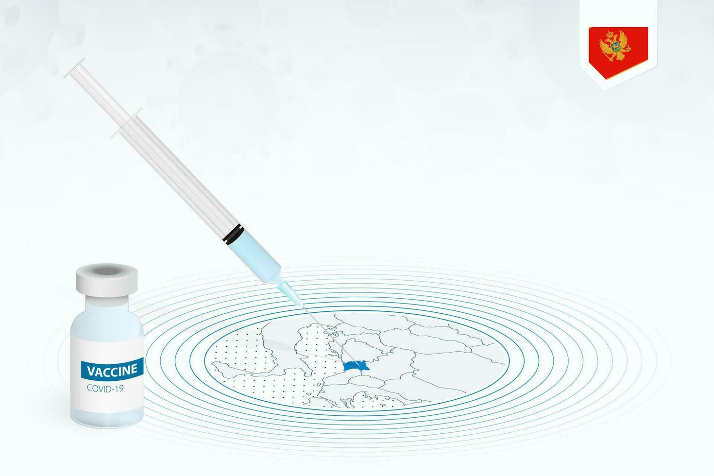 COVID-19 vaccination in Montenegro, coronavirus vaccination illustration with vaccine bottle and syringe injection in map of Montenegro. vector