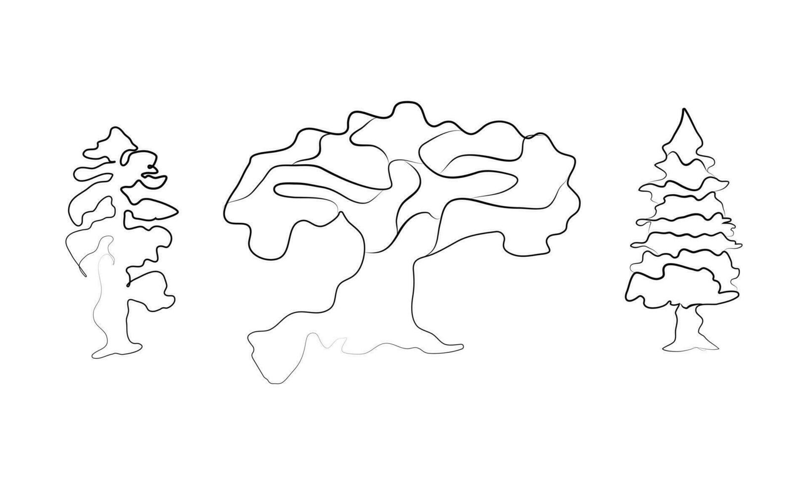 Line art various trunks and foliage of plants, forest trees. Sketch style, line hand drawing. tree Illustration. Line and silhouette of trees isolated vector