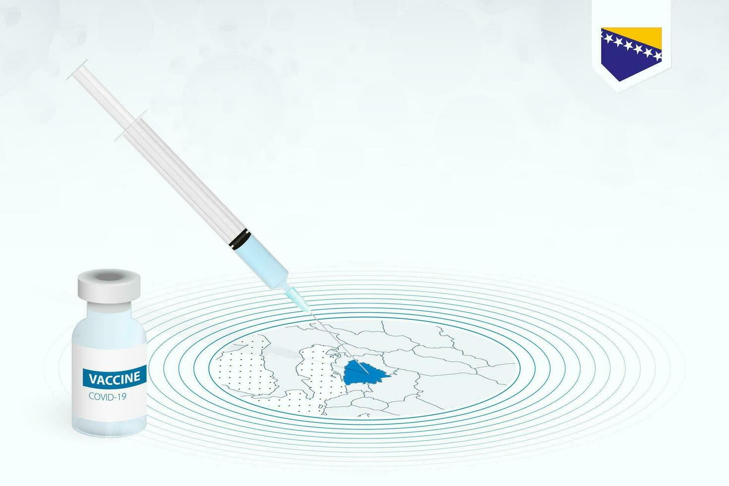 covid-19 vacunación en bosnia y herzegovina, coronavirus vacunación ilustración con vacuna botella y jeringuilla inyección en mapa de bosnia y herzegovina vector
