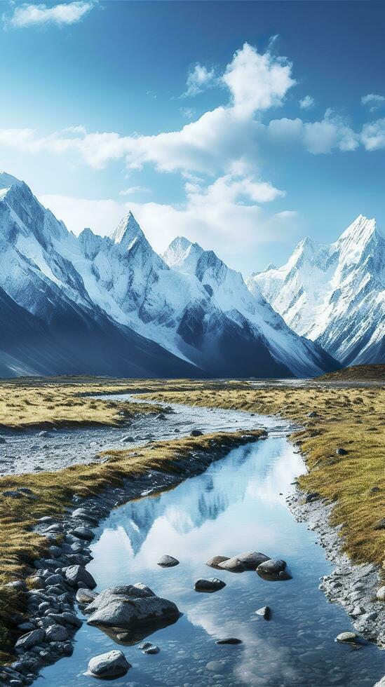 The beauty of a majestic and snow capped mountain range, with rugged peaks, AI Generative photo