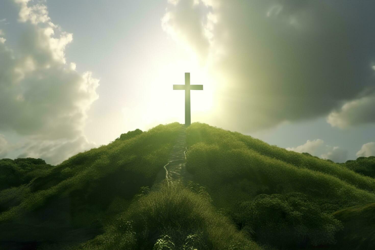 The cross of God with green Leaf, in the rays of the sun and blue sky. Cross on the hill with green trees and graeen natural view. Religious concept, AI Generative photo