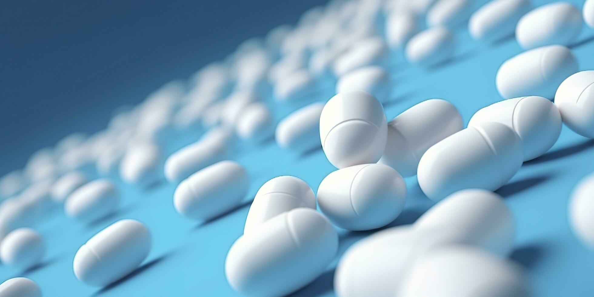 White pills from plastic medicine bottles on blue background with copy space. Medicine and health concept. 3d rendering. AI Generative photo
