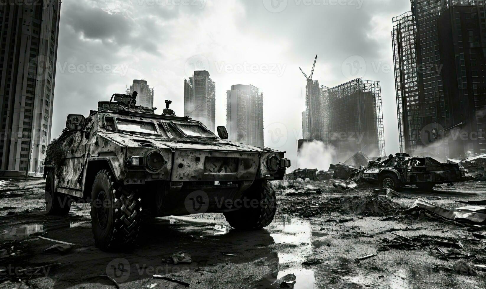 Burnt-out military vehicle. Created with AI photo