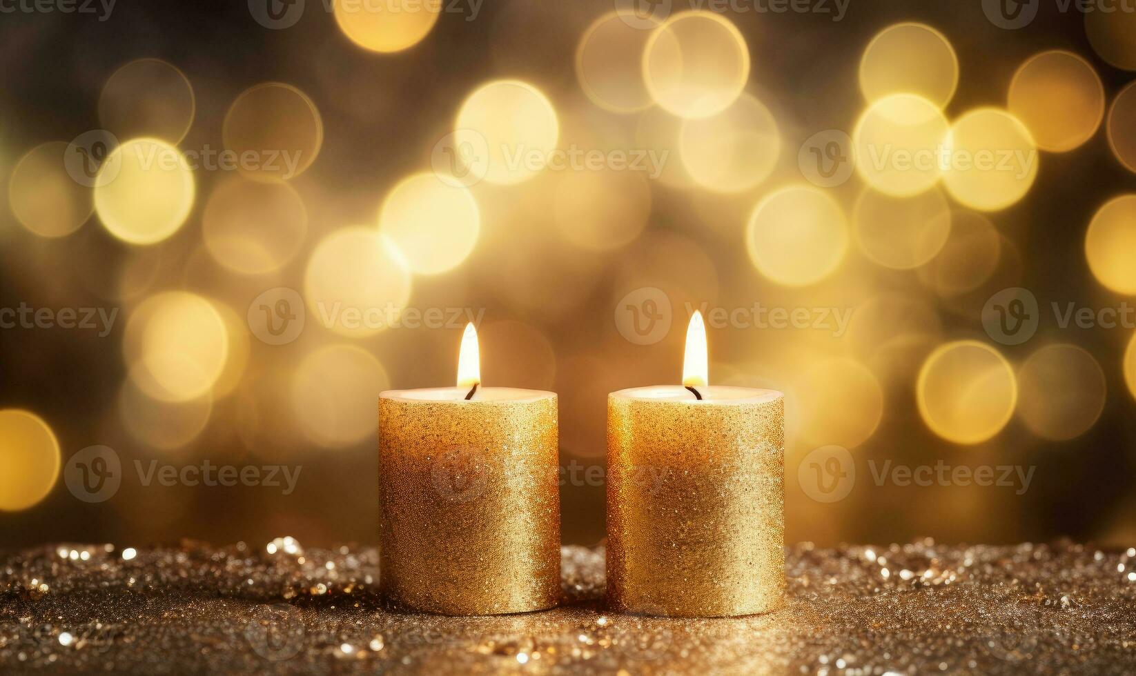 Golden candles on a wooden table. Created with AI photo