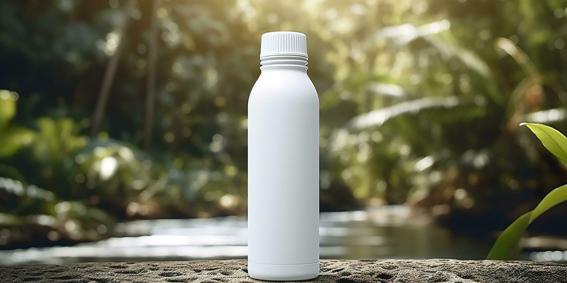 White Blank bottle Mockup with natural theme background. AI Generative photo