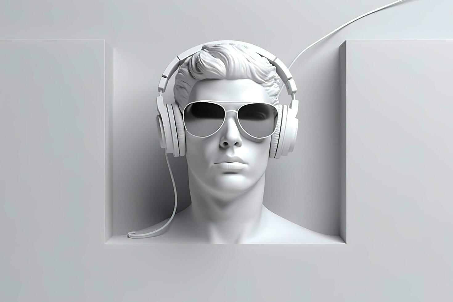 Minimal scene of sunglasses and headphones on human head sculpture, Music concept, 3d rendering. AI Generative photo