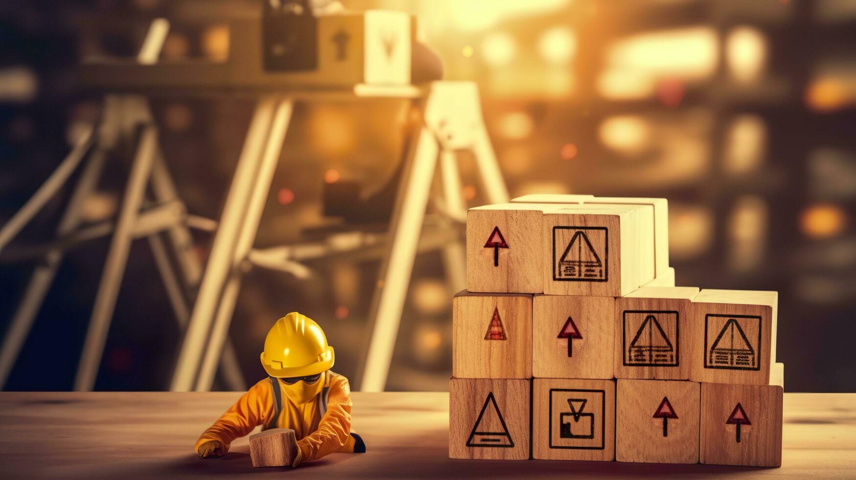 Work safety concept Safety at the workplace and compliance on wooden cube blocks Working standard process Zero accidents Using for safety awareness banner. AI Generative photo