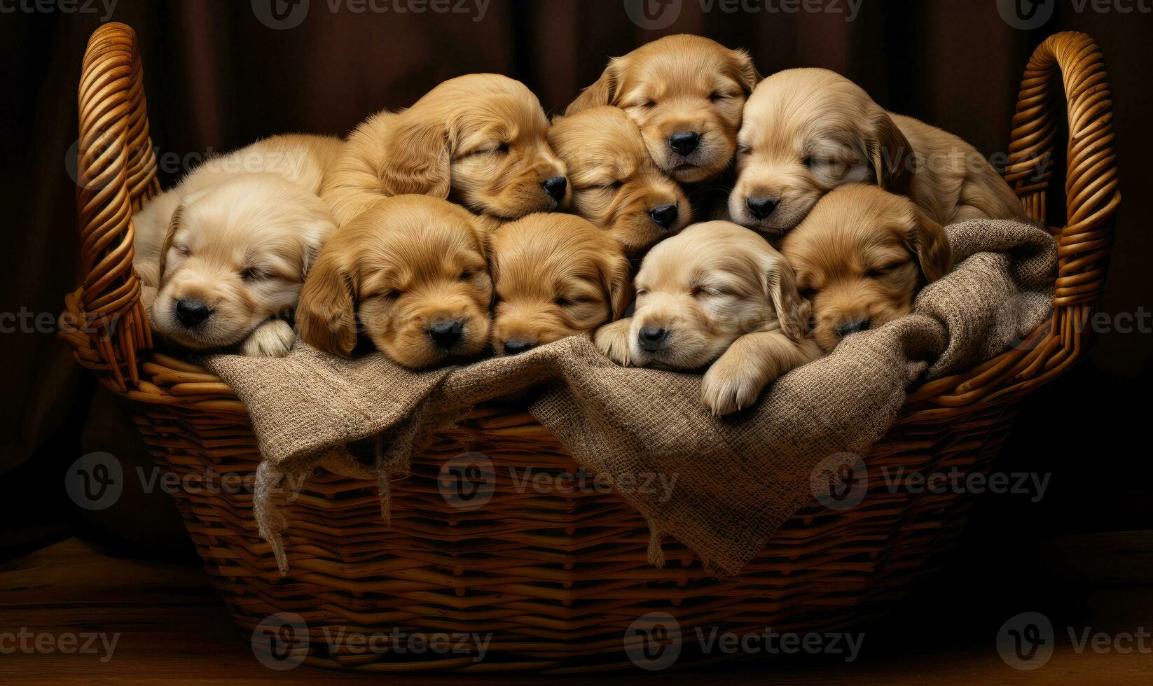 A litter of golden retriever puppies sleep peacefully. Created with AI photo