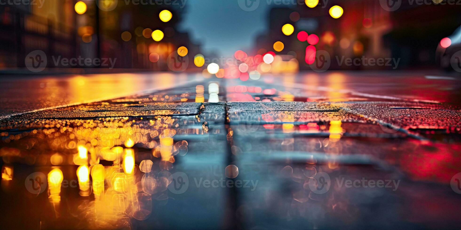 Wet asphalt with neon light. Created with AI tools photo