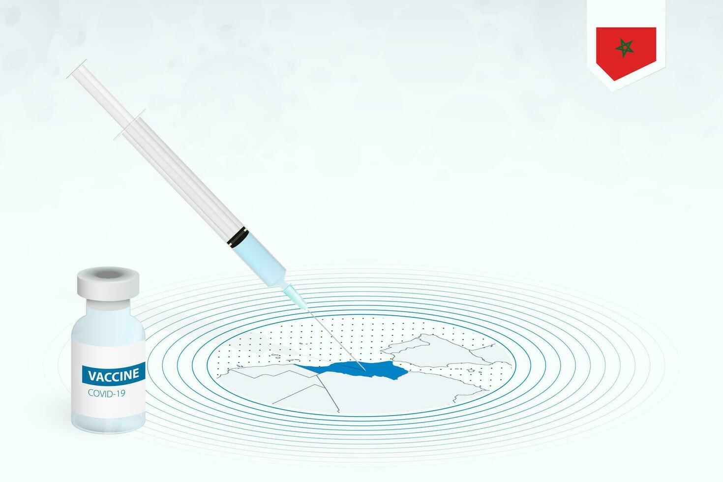 COVID-19 vaccination in Morocco, coronavirus vaccination illustration with vaccine bottle and syringe injection in map of Morocco. vector