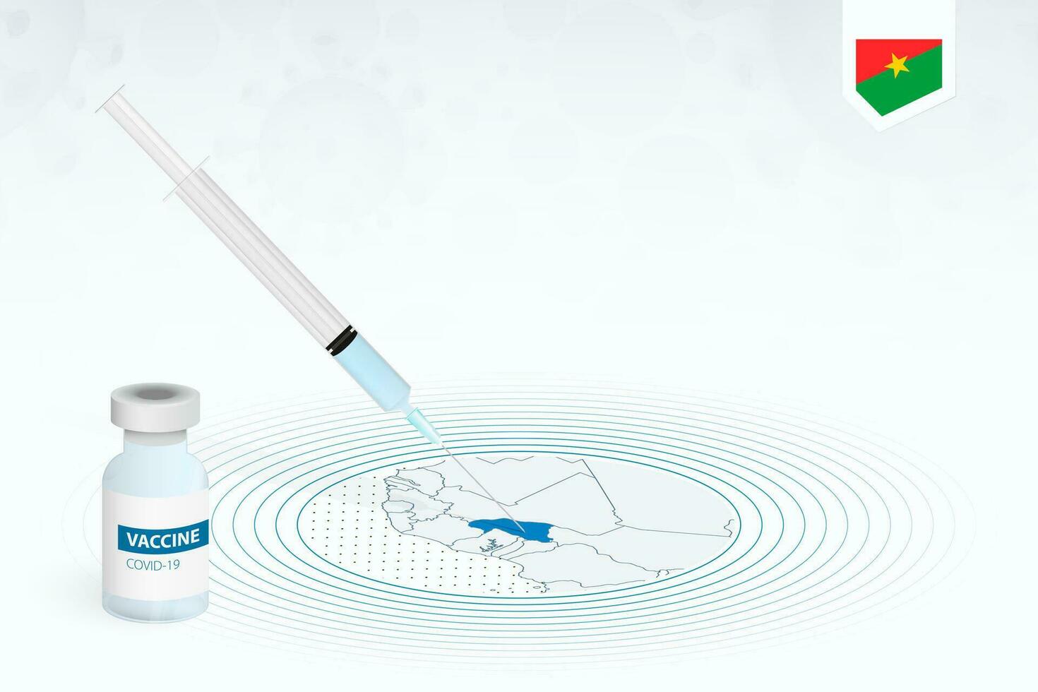 COVID-19 vaccination in Burkina Faso, coronavirus vaccination illustration with vaccine bottle and syringe injection in map of Burkina Faso. vector