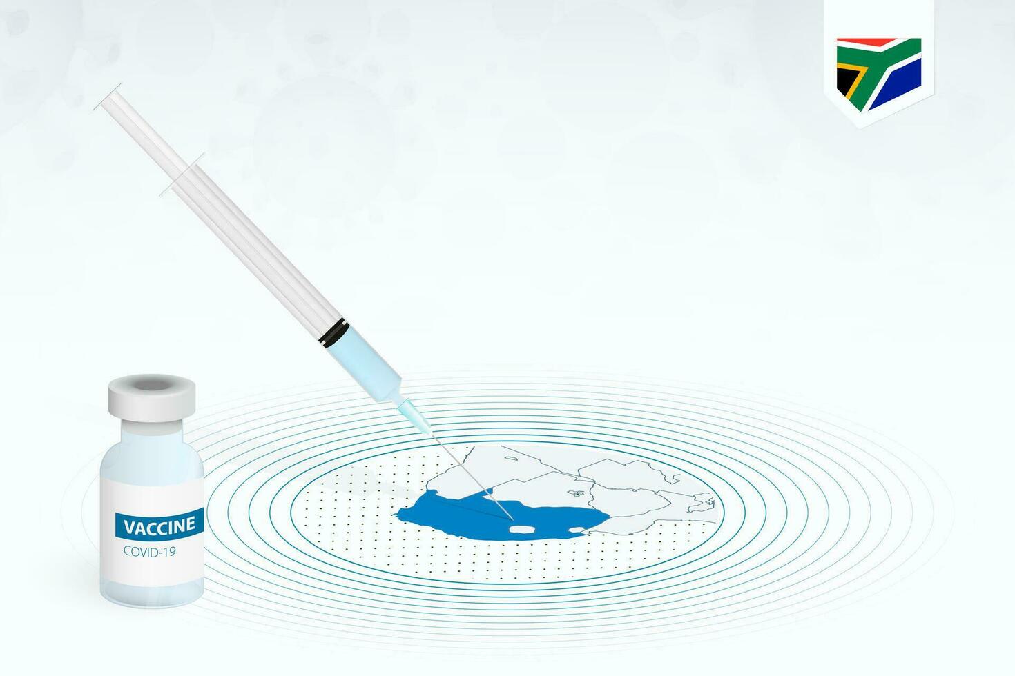 COVID-19 vaccination in South Africa, coronavirus vaccination illustration with vaccine bottle and syringe injection in map of South Africa. vector