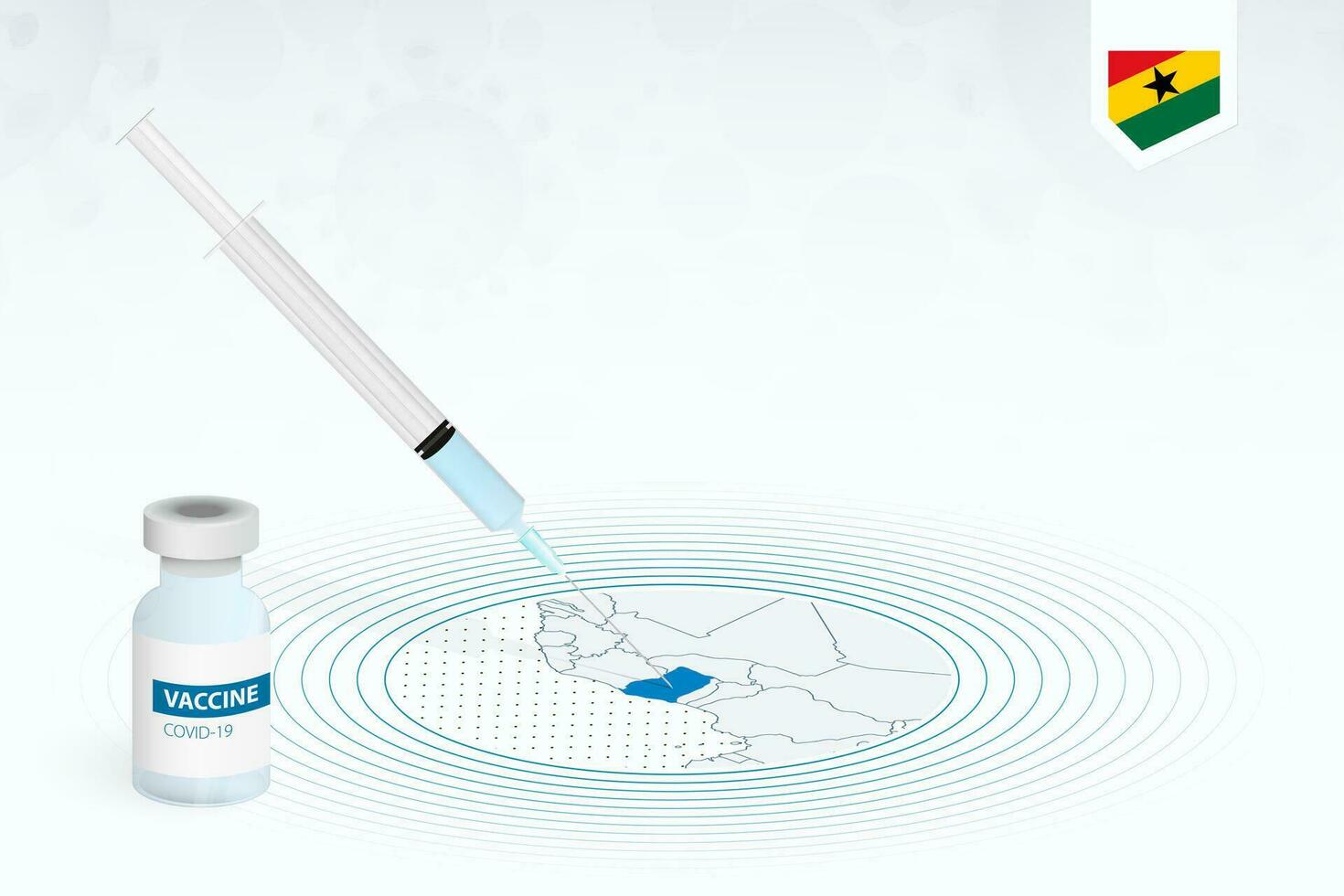 COVID-19 vaccination in Ghana, coronavirus vaccination illustration with vaccine bottle and syringe injection in map of Ghana. vector