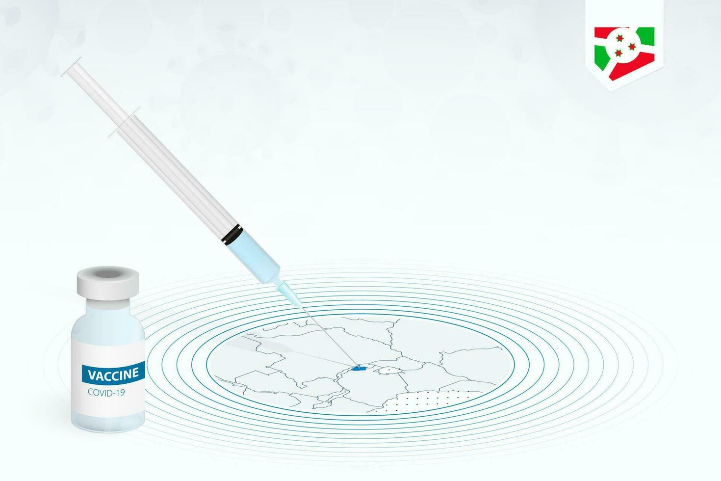COVID-19 vaccination in Burundi, coronavirus vaccination illustration with vaccine bottle and syringe injection in map of Burundi. vector