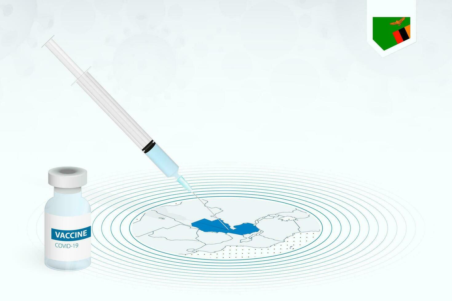 COVID-19 vaccination in Zambia, coronavirus vaccination illustration with vaccine bottle and syringe injection in map of Zambia. vector