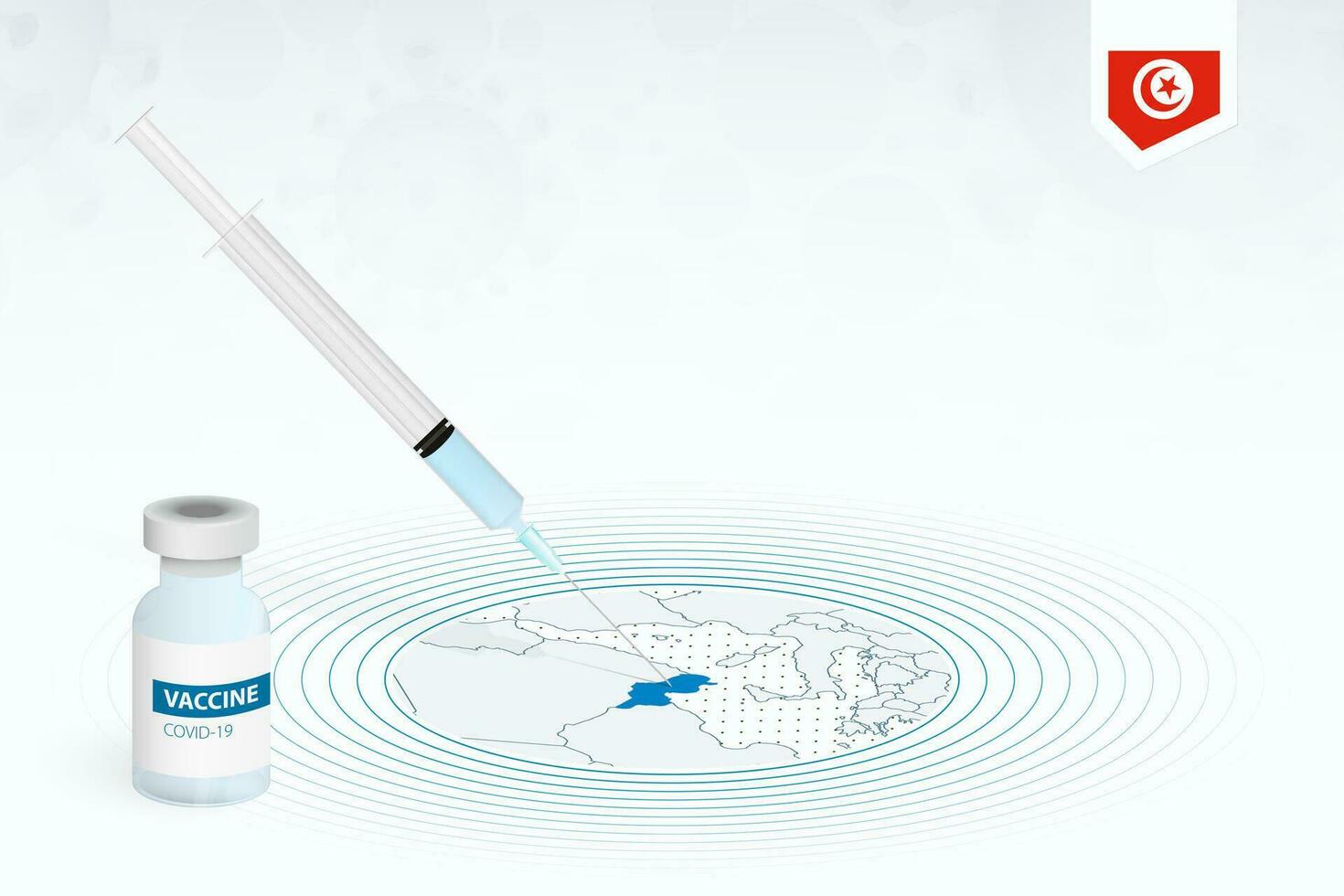 covid-19 vacunación en Túnez, coronavirus vacunación ilustración con vacuna botella y jeringuilla inyección en mapa de Túnez. vector