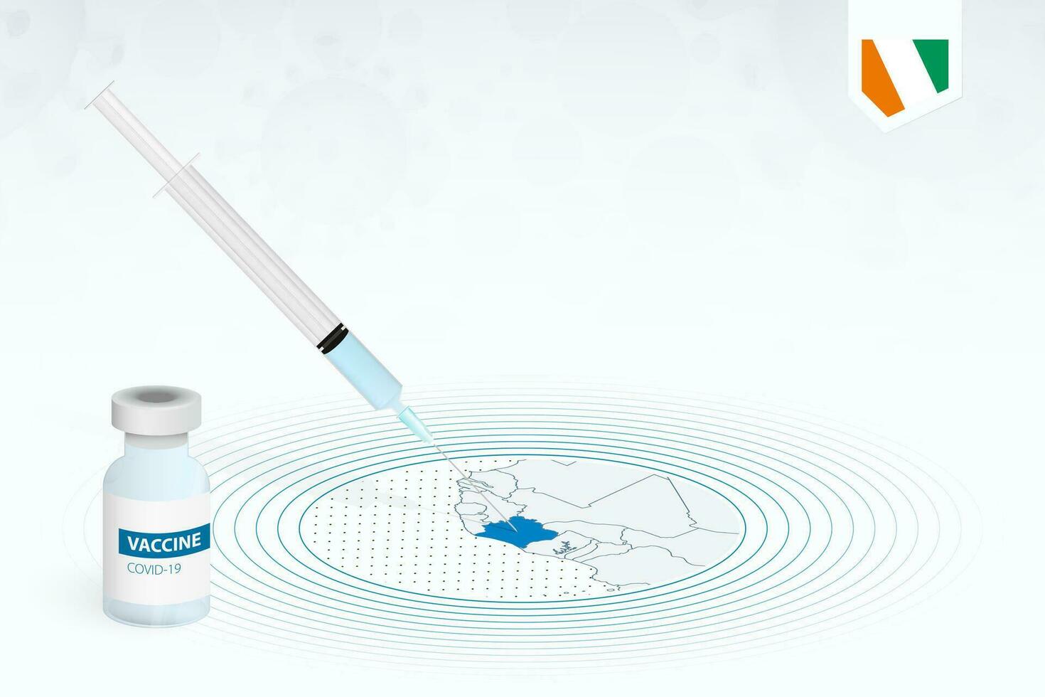 COVID-19 vaccination in Ivory Coast, coronavirus vaccination illustration with vaccine bottle and syringe injection in map of Ivory Coast. vector