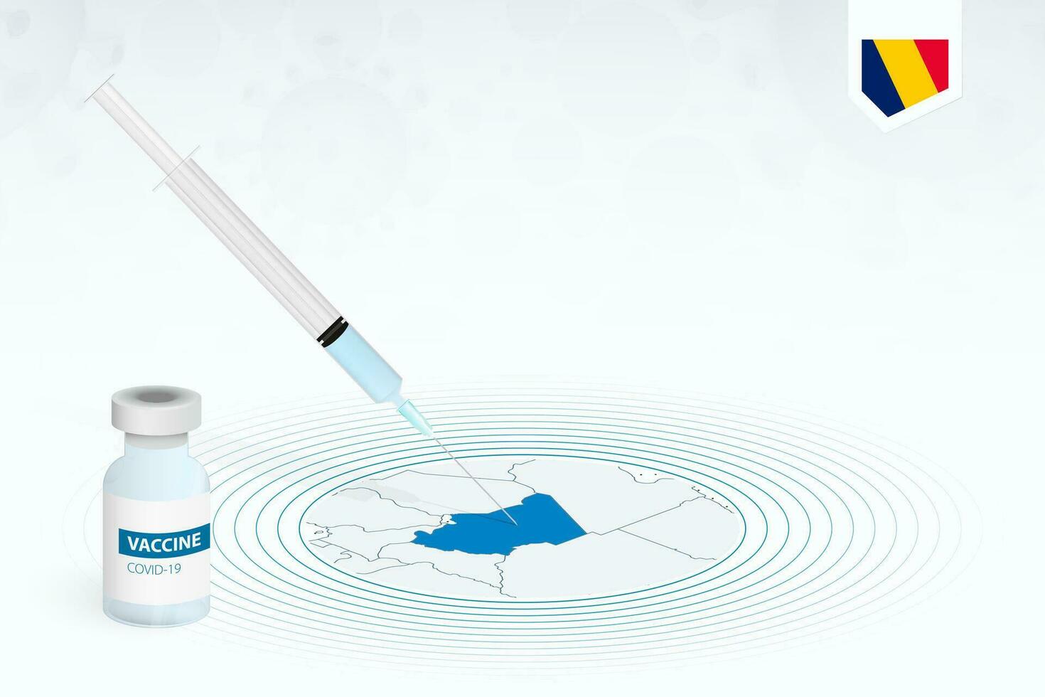 COVID-19 vaccination in Chad, coronavirus vaccination illustration with vaccine bottle and syringe injection in map of Chad. vector